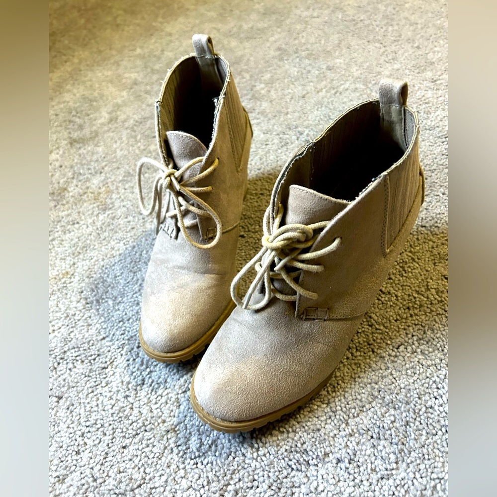 Tan suede wedge heels booties size 6.5